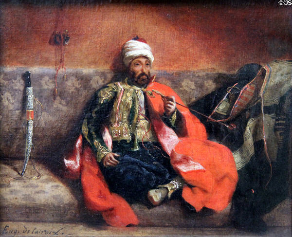 Turk Smoking Seated on a Divan painting (1825?) by Eugène Delacroix at Louvre Museum. Paris, France.