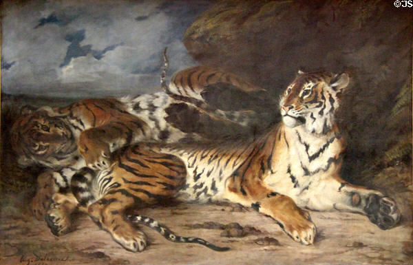 Young tiger with its mother painting (1830) by Eugène Delacroix at Louvre Museum. Paris, France.