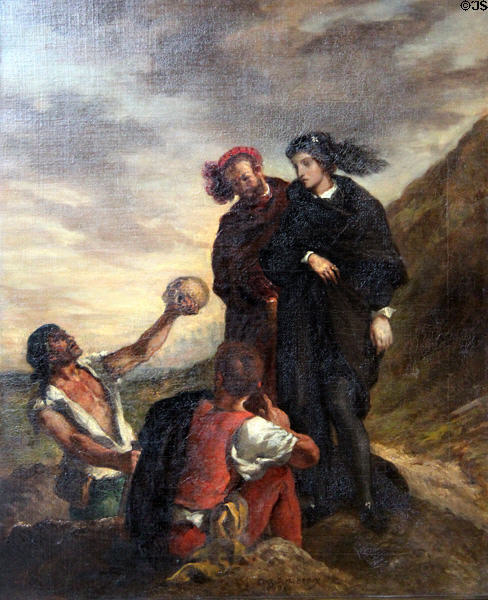 Hamlet & Horatio at the Cemetery painting (1839) by Eugène Delacroix at Louvre Museum. Paris, France.