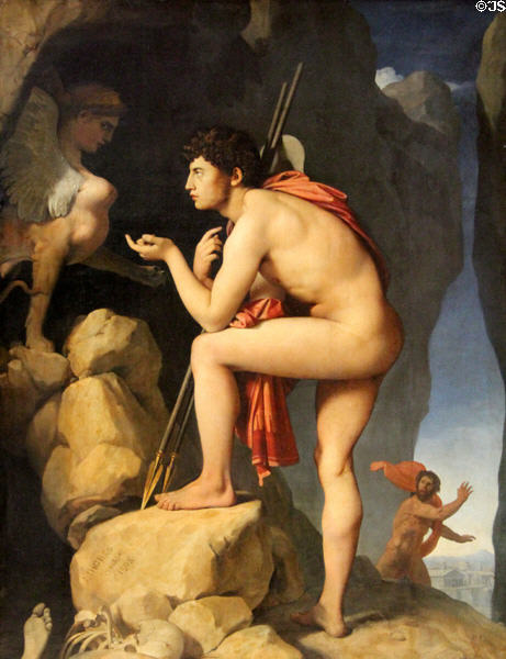 Oedipus solves the riddle of the sphinx painting (1808) by Jean-Auguste-Dominique Ingres at Louvre Museum. Paris, France.