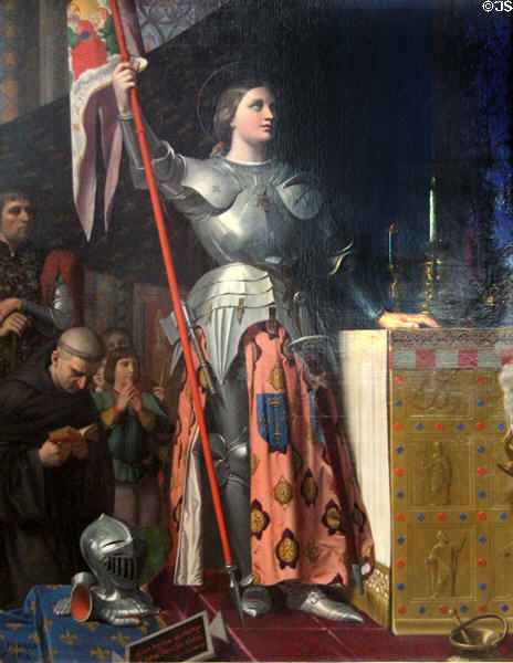 Joan of Arc at coronation of King Charles VII in Reims Cathedral (1429) painting (1851-4) by Jean-Auguste-Dominique Ingres (shown Paris Expo 1855) at Louvre Museum. Paris, France.