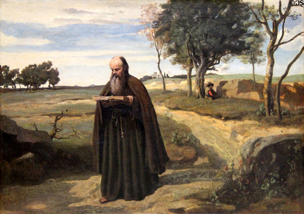A Reading Monk painting (1840) by Camille Corot at Louvre Museum. Paris, France.