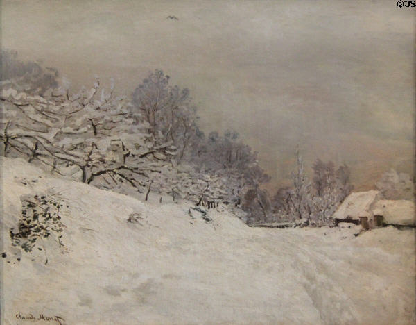 Near Honfleur in Snow painting (C1864) by Caude Monet at Louvre Museum. Paris, France.