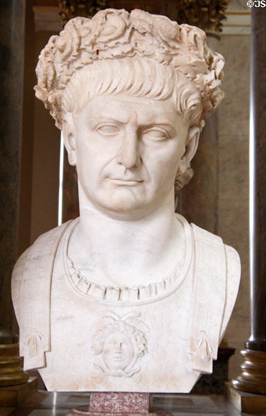 Roman Emperor Trajan (ruled 98-117 CE) marble portrait head (108 CE) at Louvre Museum. Paris, France.