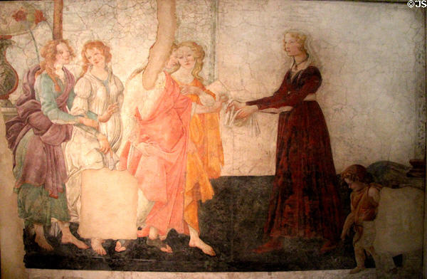 Venus & Three Graces presenting a man fresco (1483-5) by Sandro Botticelli at Louvre Museum. Paris, France.
