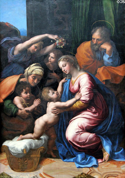 Holy Family with St Elizabeth & young St John the Baptist painting (1518) by Raphael (Raffaello Sanzio) at Louvre Museum. Paris, France.