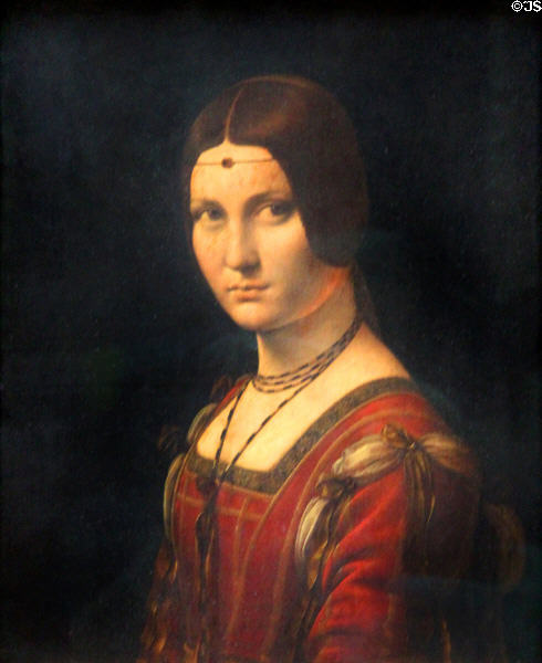 Portrait of a woman called La Belle Ferronniere (1495-9) by school of Leonardo da Vinci at Louvre Museum. Paris, France.