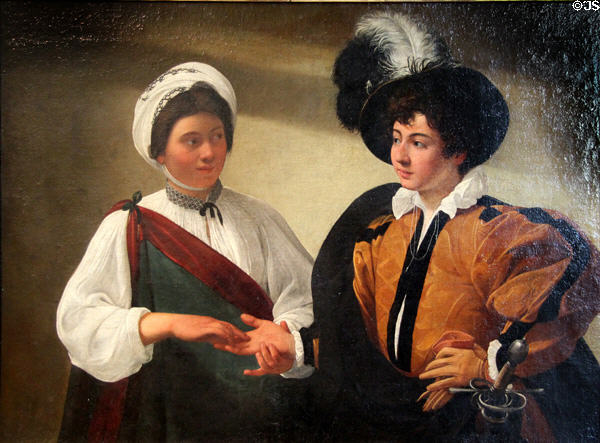 The Fortune Teller painting (c1595-8) by Caravaggio at Louvre Museum. Paris, France.