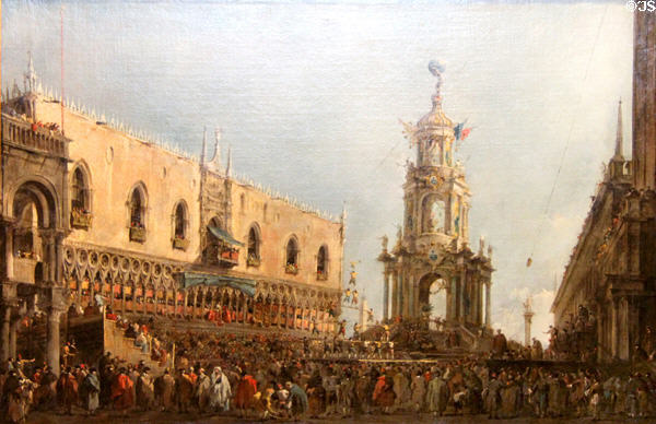 Doge of Venice attends festivities of Mardi Gras on the Piazza painting (c1775-80) by Francesco Guardi at Louvre Museum. Paris, France.