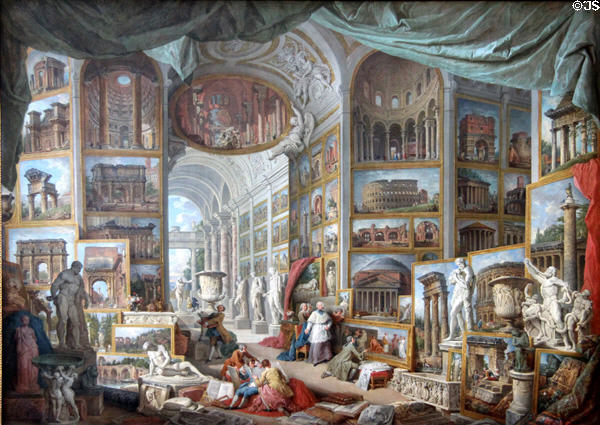 Gallery with paintings of Ancient Rome (1758) by Giovanni Paolo Pannini at Louvre Museum. Paris, France.