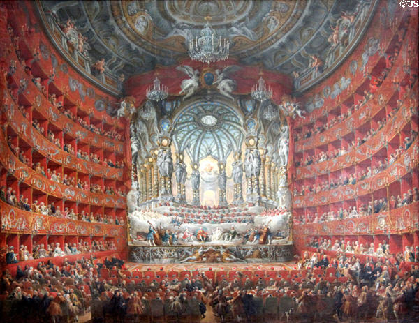 Musical Performance given in Argentina Theater of Rome on the Occasion of Marriage of the Dauphin, son of Louis XV (1747) by Giovanni Paolo Pannini at Louvre Museum. Paris, France.