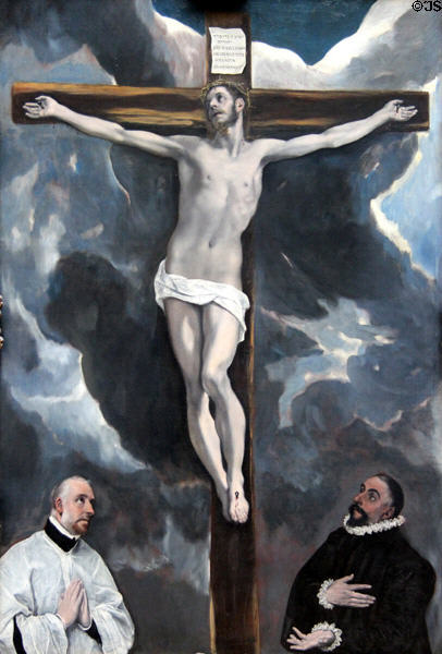 Christ on the Cross adored by two donors painting by El Greco at Louvre Museum. Paris, France.