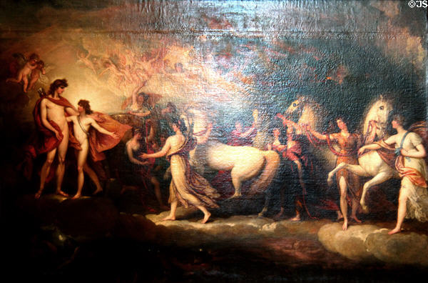 Phaéton sollicitant auprès d'Apollon la conduite du char du Soleil (Phaeton asking Apollo to drive the chariot of the sun) painting (1804) by Benjamin West at Louvre Museum. Paris, France.