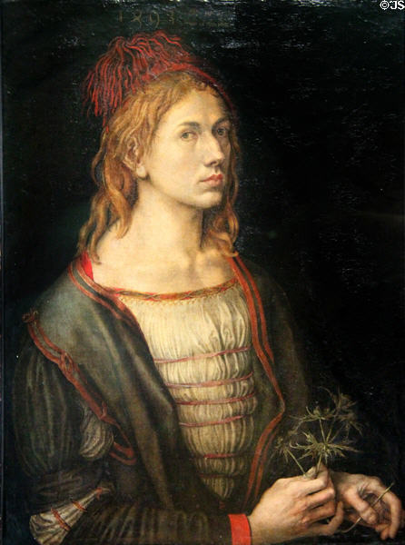 Self-portrait (1493) by Albrecht Dürer at Louvre Museum. Paris, France.