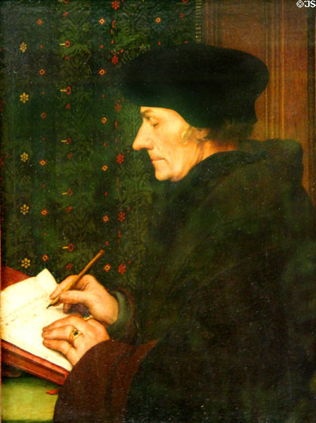 Portrait of Erasmus writing (1523) by Hans Holbein the Younger at Louvre Museum. Paris, France.
