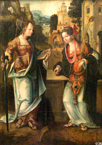 Ste. Catherine & Ste. Barbara painting (first half 16th C) from Antwerp at Louvre Museum. Paris, France.