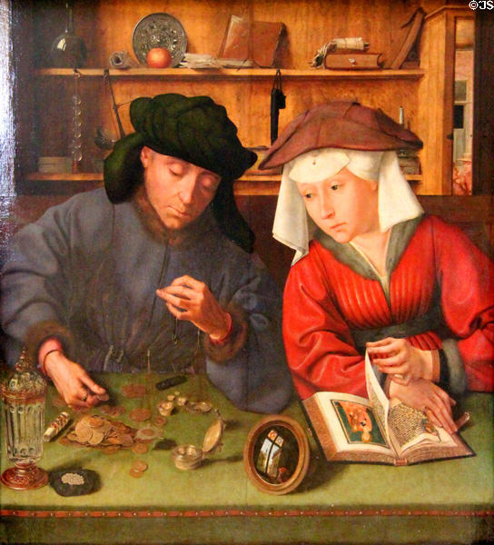 Weigher of Gold & his Wife painting (1514) by Quentin Metsys of Antwerp at Louvre Museum. Paris, France.
