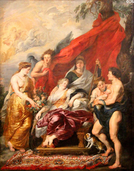 8. Birth of the Dauphin at Fontainebleau from Marie de' Medici Cycle (1622-5) by Peter Paul Rubens at Louvre Museum. Paris, France.