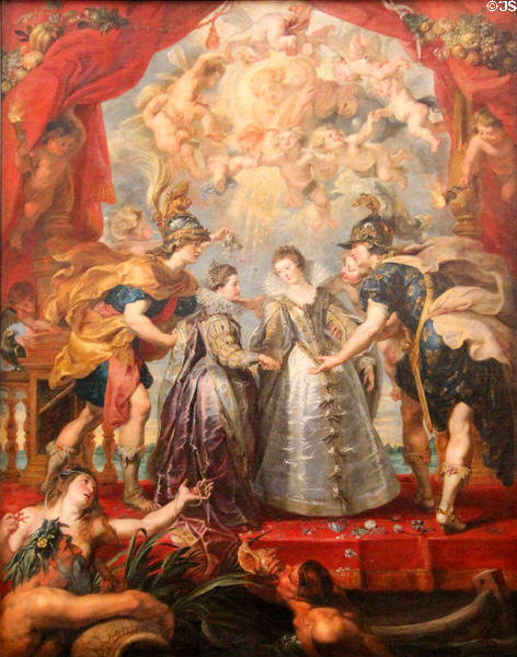14. Exchange of the Princesses at the Spanish Border from Marie de' Medici Cycle (1622-5) by Peter Paul Rubens at Louvre Museum. Paris, France.