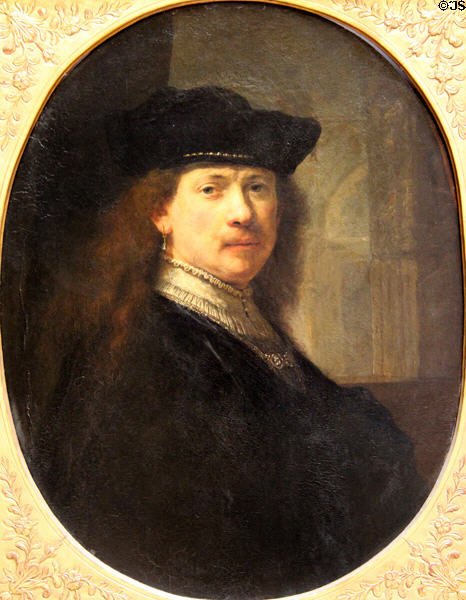 Self-portrait in toque with architectural background (c1640) by Rembrandt at Louvre Museum. Paris, France.