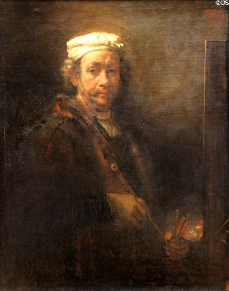 Self-portrait at easel (1660) by Rembrandt at Louvre Museum. Paris, France.