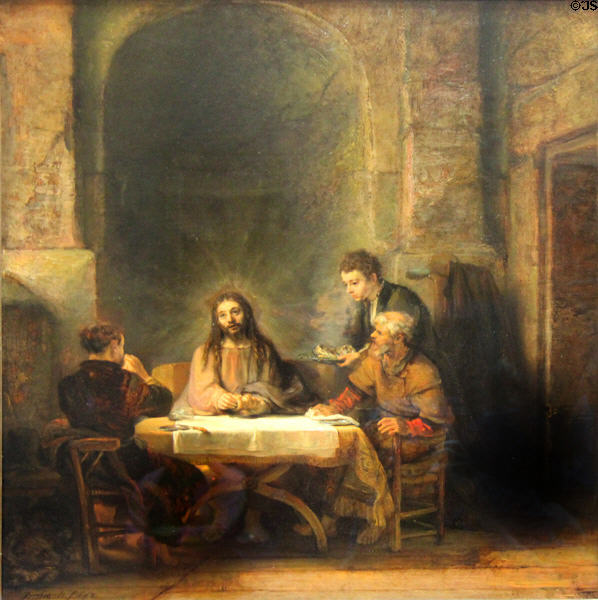Christ reveals himself to pilgrims at Emmaus painting (1648) by Rembrandt at Louvre Museum. Paris, France.
