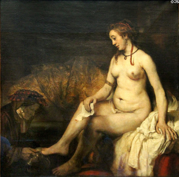Bathsheba at her bath holding letter of David painting (1654) by Rembrandt at Louvre Museum. Paris, France.