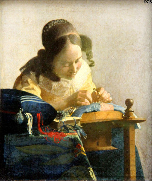 The Lace Maker painting (1669-70) by Jan Vermeer at Louvre Museum. Paris, France.