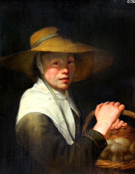 Young Girl with Basket of Eggs painting (first half 17th C) by Jacob Gerritsz Cuyp at Louvre Museum. Paris, France.