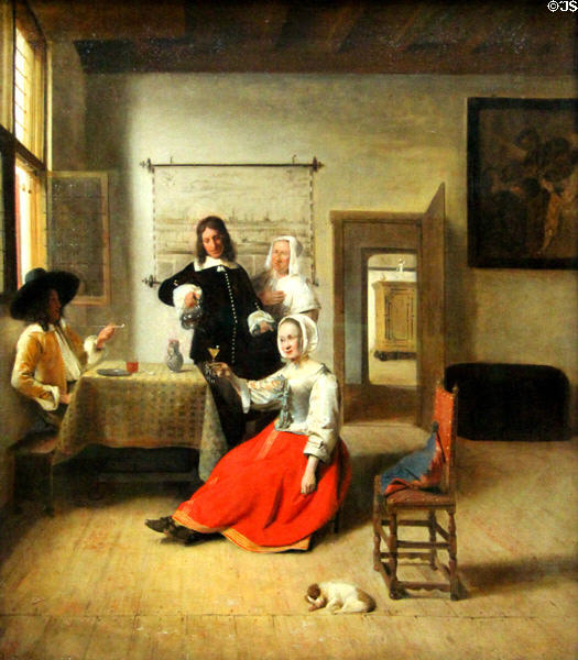 Female drinker painting (1658) by Pieter de Hooch of Amsterdam at Louvre Museum. Paris, France.
