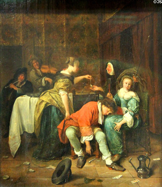 Bad Company painting (c1665-70) by Jan Steen of Leyden at Louvre Museum. Paris, France.