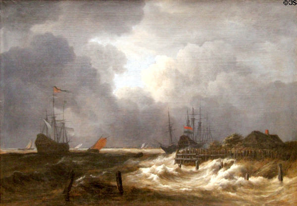Storm on a dike in Holland painting (1670s) by Jacob Isaacksz van Ruisdael at Louvre Museum. Paris, France.