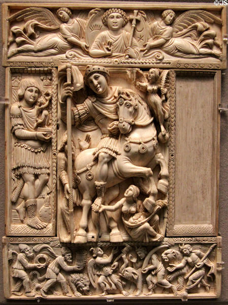Ivory diptych panel with a triumphant emperor (Justinian?) (1st half 6thC) at Louvre Museum. Paris, France.