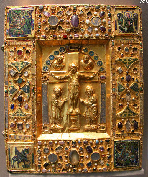 Bejeweled binding box for manuscript with crucifixion & symbols of evangelists (1st half 11thC) from Germany at Louvre Museum. Paris, France.
