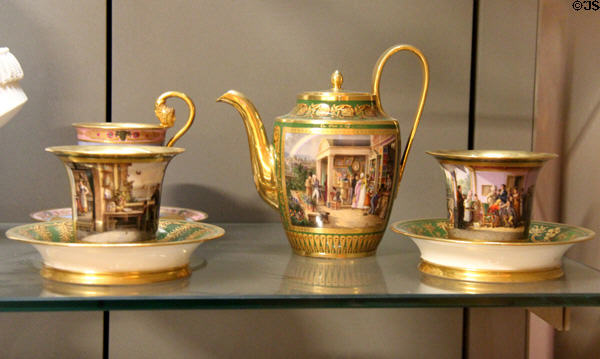 Porcelain cups & saucers with breakfast coffee pot (1817-9) by Sevres Manuf. at Louvre Museum. Paris, France.