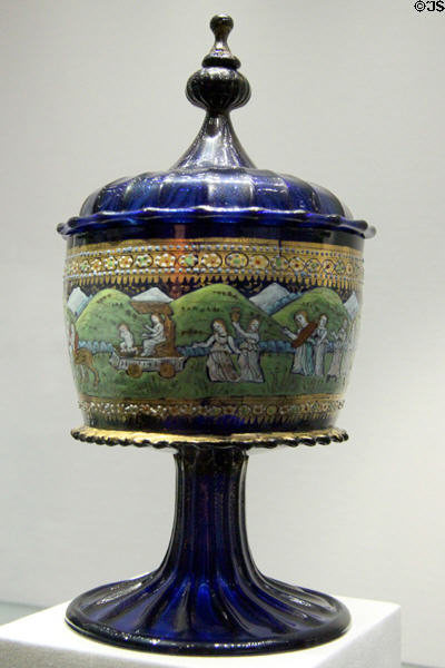 Enameled blue glass covered cup with allegorical scenes (c1480) from workshop of Angelo Barovier? of Venice at Louvre Museum. Paris, France.