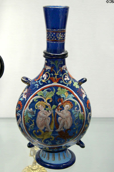 Enameled blue glass gourd with figures (end 15thC) from Venice at Louvre Museum. Paris, France.