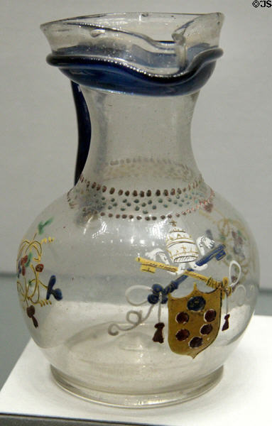 Enameled glass pitcher with arms of a Medici pope (1513-34) from Venice at Louvre Museum. Paris, France.
