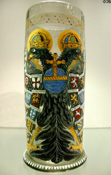 Enameled glass humpen with arms of Holy Roman Empire (1598) from Germany at Louvre Museum. Paris, France.