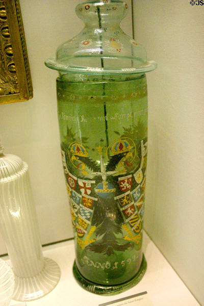 Enameled glass humpen with arms of Holy Roman Empire (1599) from Germany at Louvre Museum. Paris, France.