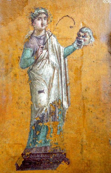 Muse of comedy wall fresco (c79 CE) from Pompeii estate of Julia Felix at Louvre Museum. Paris, France.
