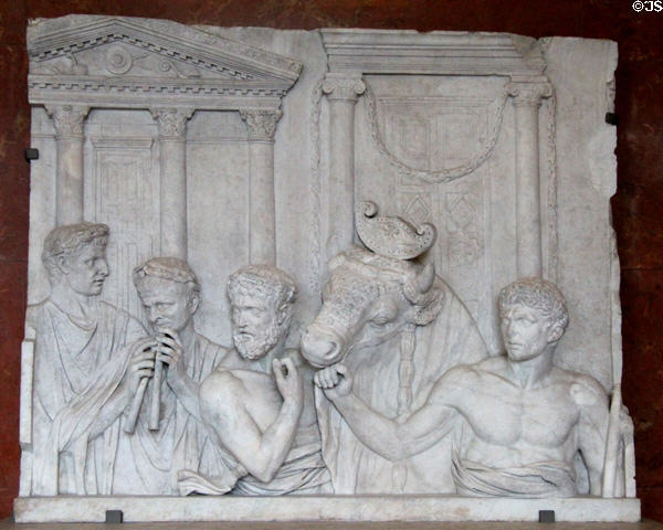 Marble architectural relief of preparation of sacrifice (75-130 CE) at Louvre Museum. Paris, France.