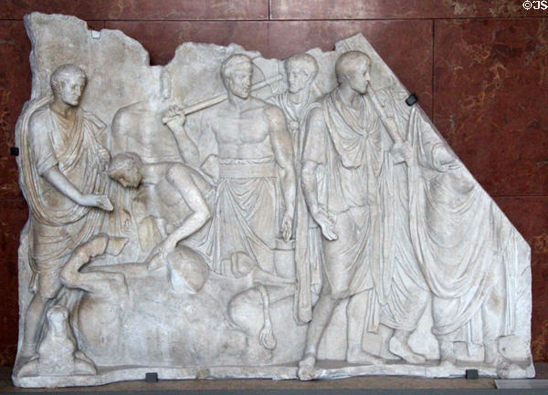 Marble relief of examination of entrails (100-125 CE) from Rome at Louvre Museum. Paris, France.