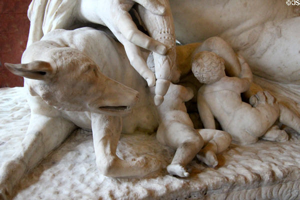 Detail of Romulus & Remus on marble carving of Tiber River symbols (80-140 CE) discovered in 1512 at Louvre Museum. Paris, France.