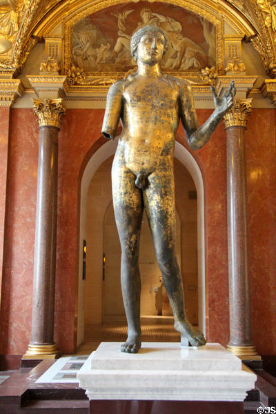 Gilt-bronze Roman statue of Apollo (2ndC CE) found in 1823 in Lillebonne, Normandy at Louvre Museum. Paris, France.