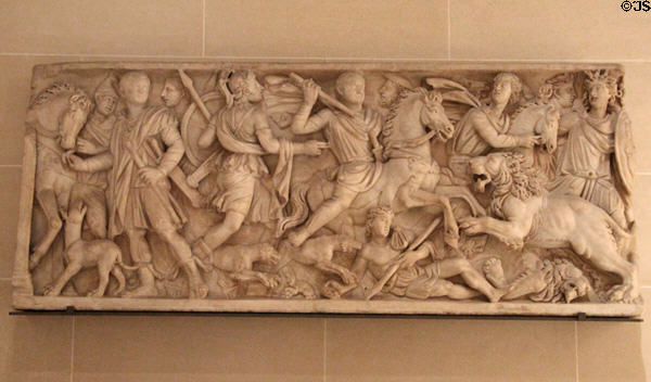 Sarcophagus front relief of lion hunt (3rdC CE) at Louvre Museum. Paris, France.