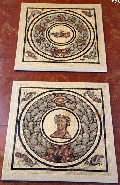 Mosaic panels with ducks & Roman bust (175-225 CE) from Vienne. France at Louvre Museum. Paris, France.