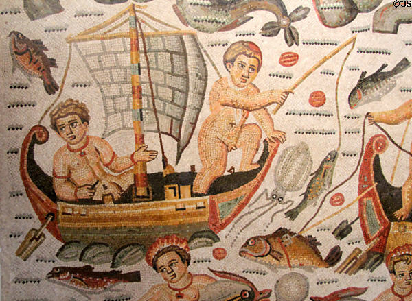 Fishing boat detail of Triumph of Neptune mosaic (300-325) from Algeria at Louvre Museum. Paris, France.