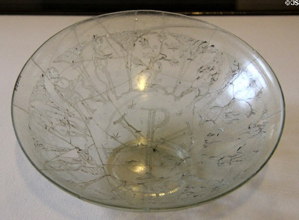 Glass bowl engraved with old testament biblical scenes (4thC) from Homblière, France at Louvre Museum. Paris, France.