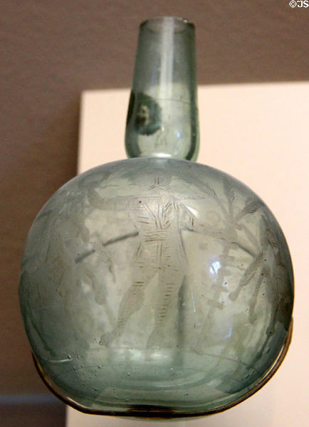 Glass bottle engraved with charioteer (4thC) at Louvre Museum. Paris, France.